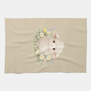 Whimsical Sheep and Wildflowers for a Charming Tea Towel