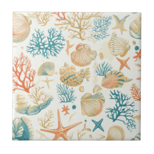 Whimsical Shells & Coral with Soft Blue Accents Ceramic Tile