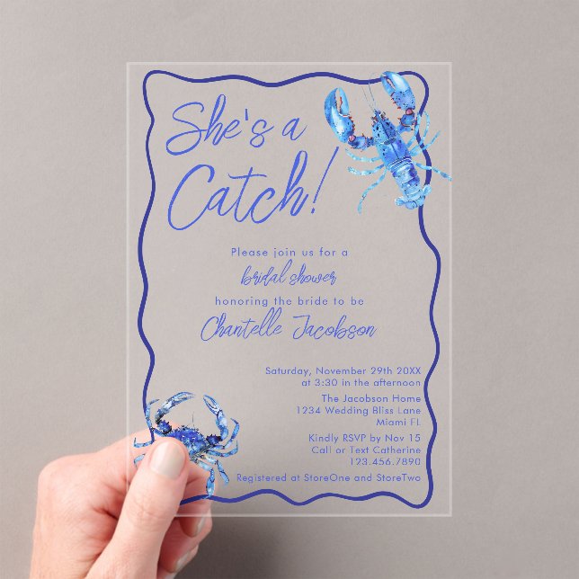 Whimsical She's a Catch Blue Coastal Bridal Shower Acrylic Invitations (Insitu (Handheld))