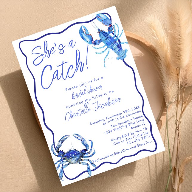 Whimsical She's a Catch Blue Coastal Bridal Shower Invitation (Creator Uploaded)
