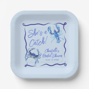Whimsical She's a Catch Blue Coastal Bridal Shower Paper Plate