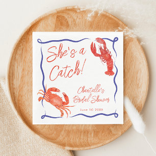 Whimsical She's a Catch Red Coastal Bridal Shower Napkin