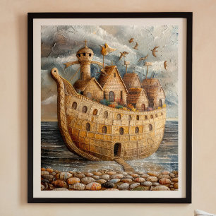 Whimsical Ship Folk Art Oil Painting Poster