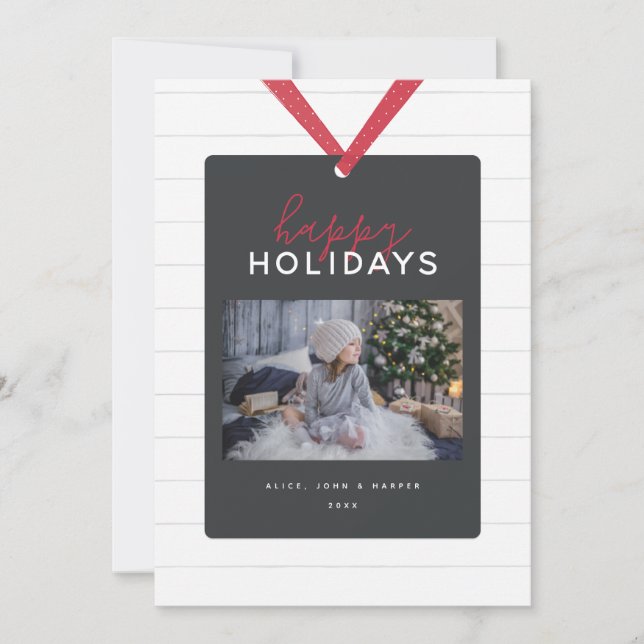 Whimsical Shiplap Custom Photo Ribbon Holiday Card (Front)