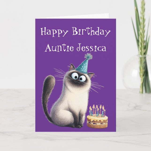 Whimsical Siamese Cat Birthday Card (Front)