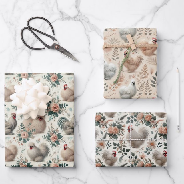 Whimsical Silkie Chicken Set of 3 Flat Wrapping Paper Sheet (Front)
