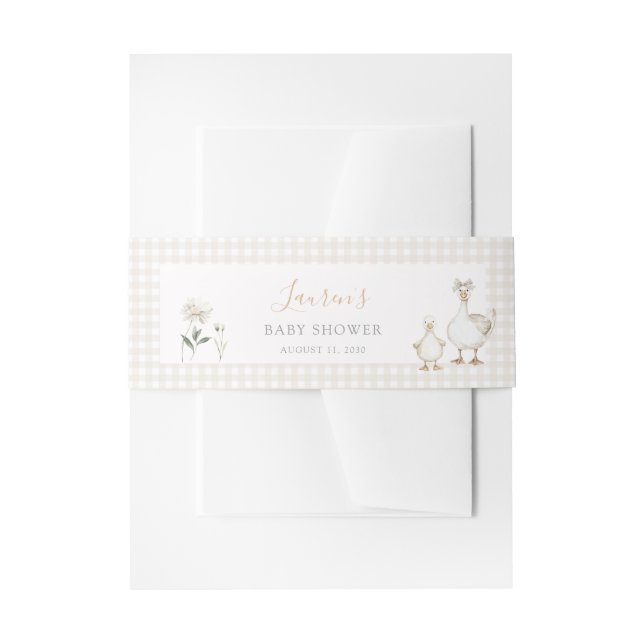Whimsical Silly Goose Beige Gingham Baby Shower Invitation Belly Band (Front Example)