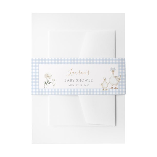 Whimsical Silly Goose Blue Gingham Baby Shower Invitation Belly Band (Front Example)