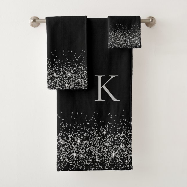 Whimsical Silver Glitter on Black Monogram Bath Towel Set (Insitu)
