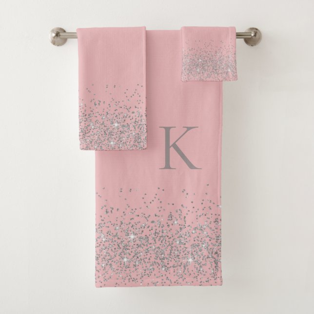 Whimsical Silver Glitter on Pink Blush Monogram Bath Towel Set (Insitu)