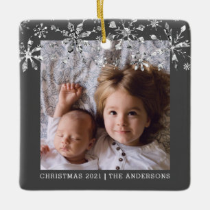 Whimsical Silver Snowflakes Family Photo Ceramic Ornament