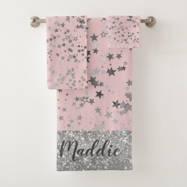 Whimsical Silver Stars on Pink Personalised Bath Towel Set (Insitu)