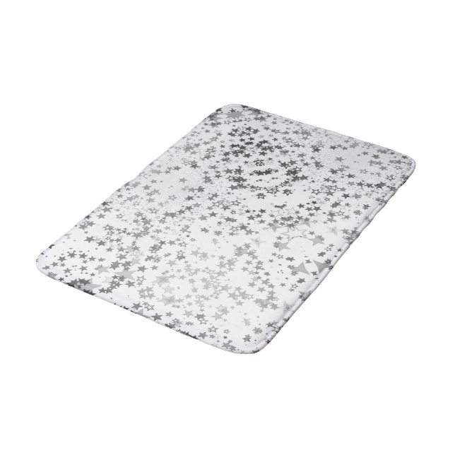Whimsical Silver Stars on White  Bath Mat (Angled)