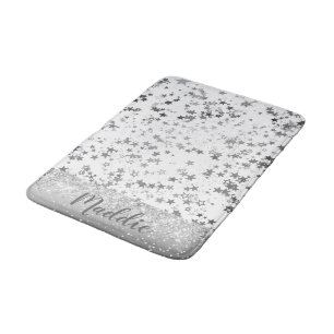 Whimsical Silver Stars on White Personalised Bath Mat