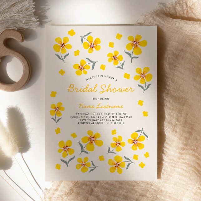 Whimsical Simple Folk Yellow Flowers Bridal Shower Invitation (Creator Uploaded)