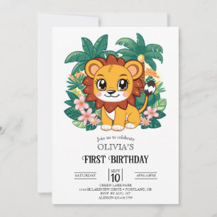 Whimsical Simple Lion 1st Birthday Digital Invitation