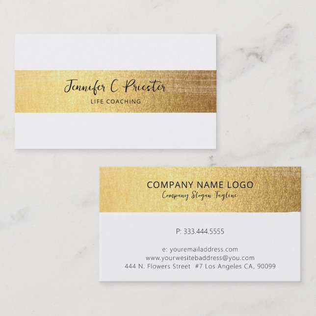 Whimsical Simple White & Gold Stripe Black Text Business Card (Front/Back)