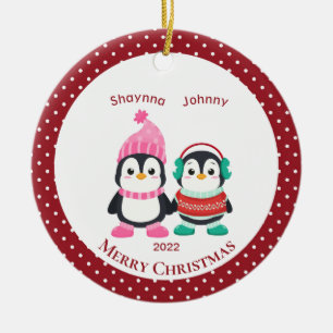Whimsical Sister & Brother Penguins Personalised   Ceramic Ornament