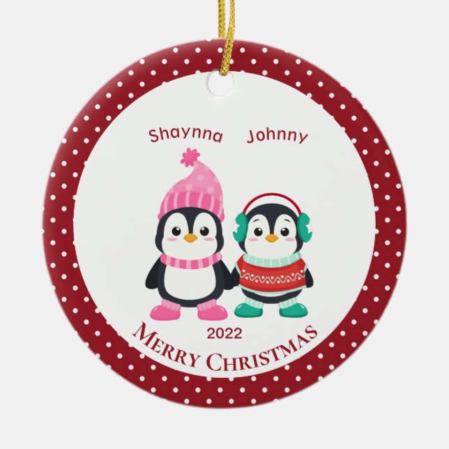 Whimsical Sister & Brother Penguins Personalised   Ceramic Ornament (Front)