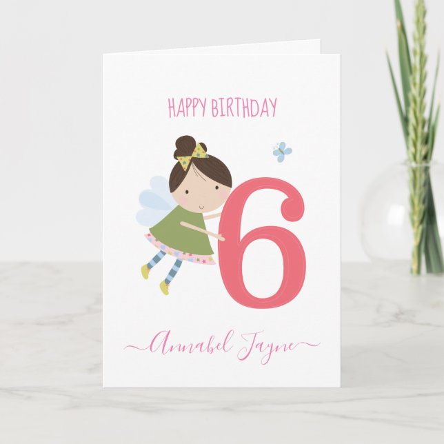 Whimsical Sixth birthday fairy girls cute pink Card (Front)