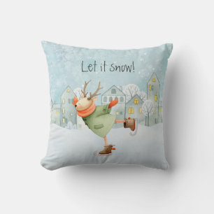 Whimsical Skating Deer Let It Snow Holiday Cushion