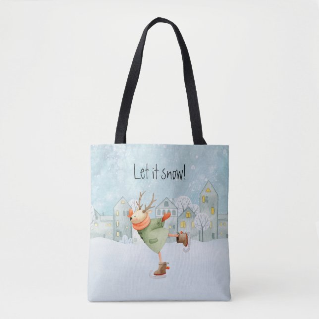 Whimsical Skating Deer Winter Holiday Tote Bag (Front)