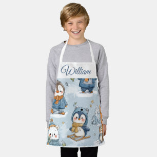 Whimsical Skating Penguins Kids Apron   Custom Nam