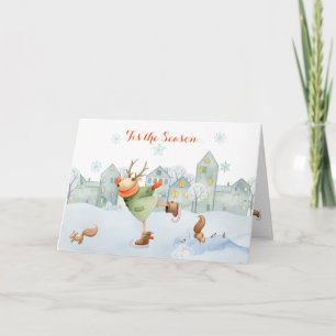Whimsical Skating Reindeer Squirrels Winter Scene Holiday Card