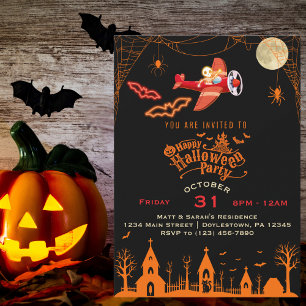 Whimsical Skeleton Flying Aeroplane Halloween Part Invitation