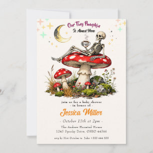 Whimsical Skeleton Mushroom Halloween Baby Shower Invitation