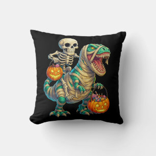 Whimsical Skeleton Riding Mummy T-Rex Halloween  Cushion