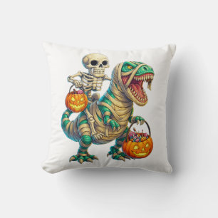 Whimsical Skeleton Riding Mummy T-Rex Halloween Cushion