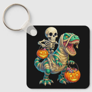 Whimsical Skeleton Riding Mummy T-Rex Halloween  Key Ring