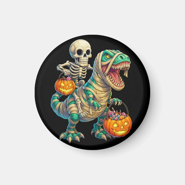 Whimsical Skeleton Riding Mummy T-Rex Halloween  Magnet (Front)