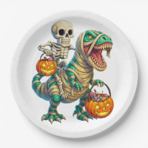 Whimsical Skeleton Riding Mummy T-Rex Halloween  Paper Plate