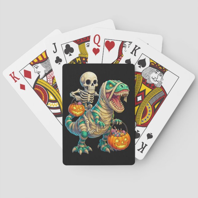 Whimsical Skeleton Riding Mummy T-Rex Halloween  Playing Cards (Back)