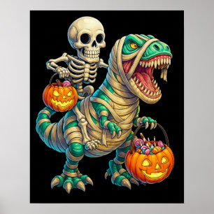 Whimsical Skeleton Riding Mummy T-Rex Halloween  Poster