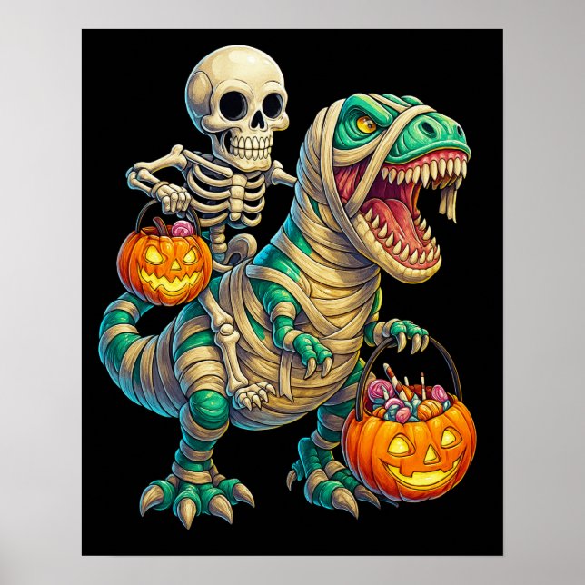Whimsical Skeleton Riding Mummy T-Rex Halloween  Poster (Front)