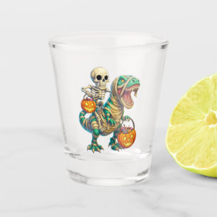 Whimsical Skeleton Riding Mummy T-Rex Halloween Shot Glass