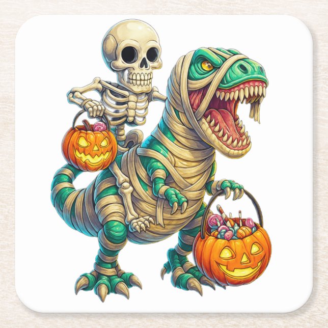 Whimsical Skeleton Riding Mummy T-Rex Halloween  Square Paper Coaster (Front)