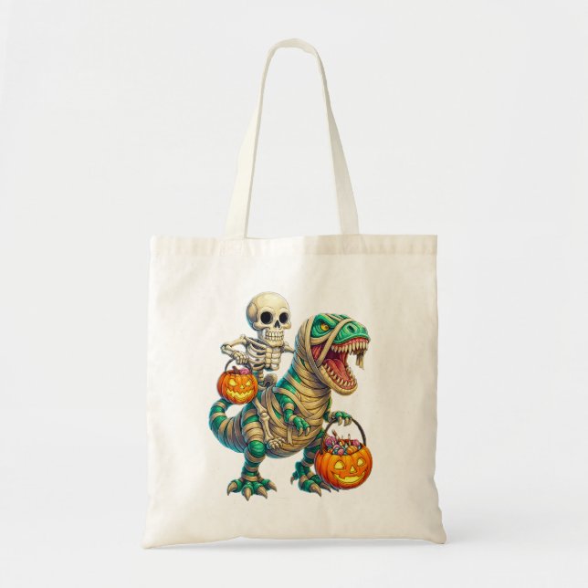 Whimsical Skeleton Riding Mummy T-Rex Halloween  Tote Bag (Front)