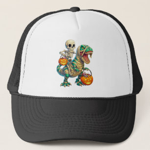 Whimsical Skeleton Riding Mummy T-Rex Halloween Trucker Hat