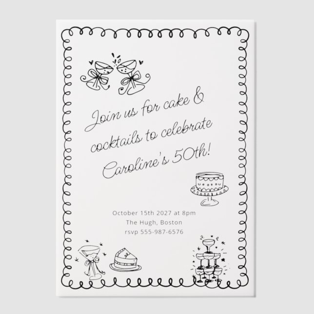 Whimsical Sketch Doodle Cake Cocktails Birthday  Vellum Invitations (Front)