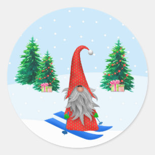Whimsical Skiing Christmas Gnome Scene Classic Round Sticker