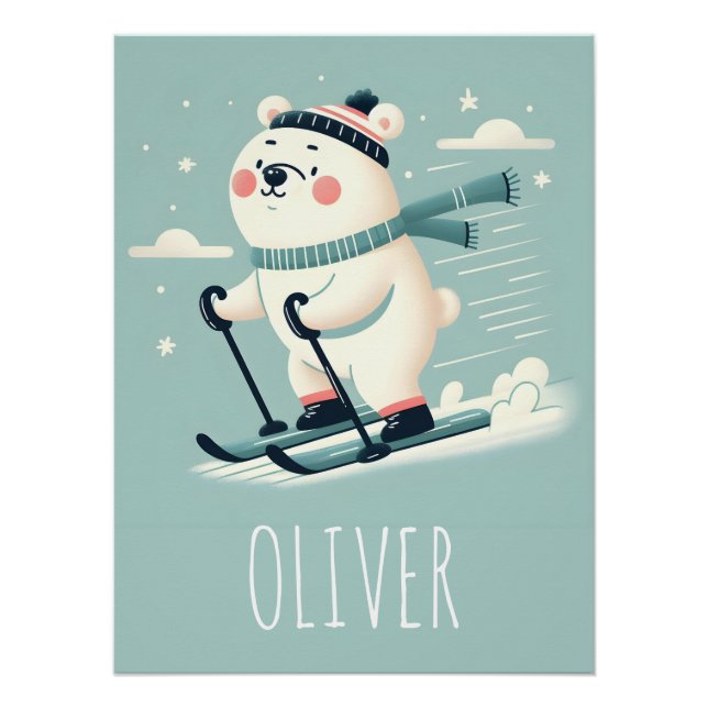 Whimsical Skiing Cute Polar Bear Personalised Poster (Front)