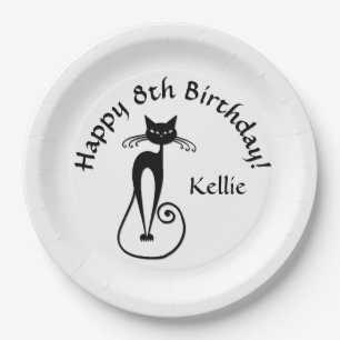 Whimsical Skinny Black Cat Birthday Name Age Paper Plate