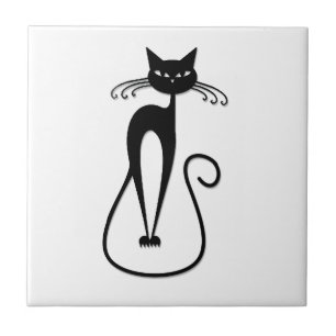 Whimsical Skinny Black Cat Ceramic Tile