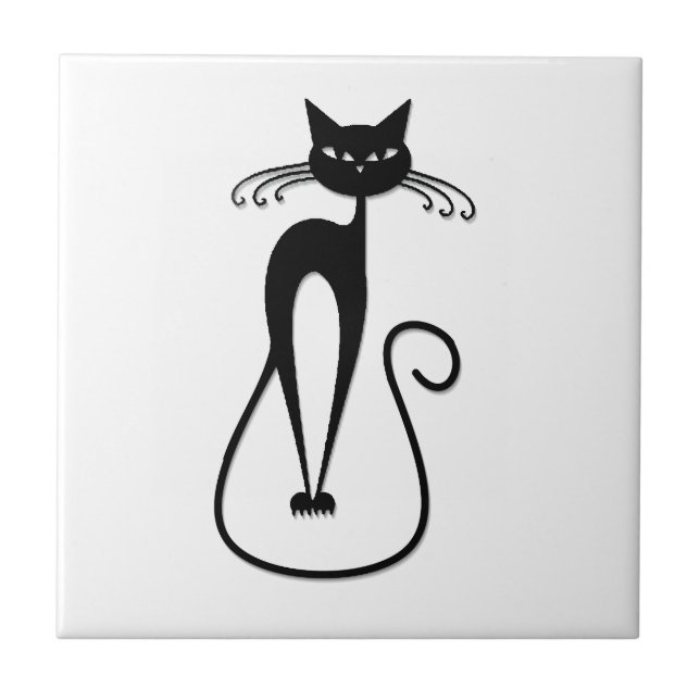 Whimsical Skinny Black Cat Ceramic Tile (Front)