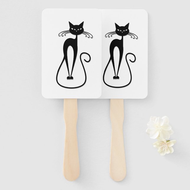Whimsical Skinny Black Cat Hand Fan (Front and Back)
