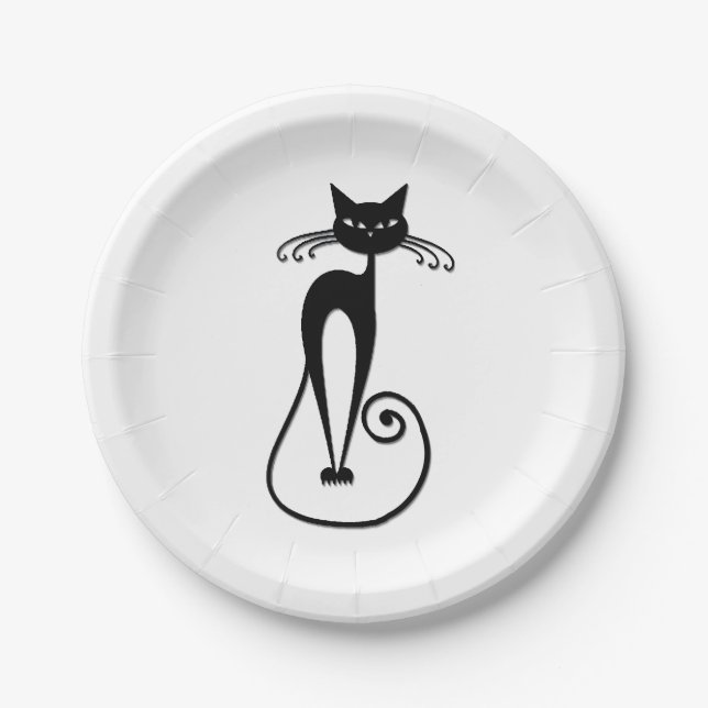 Whimsical Skinny Black Cat Paper Plate (Front)